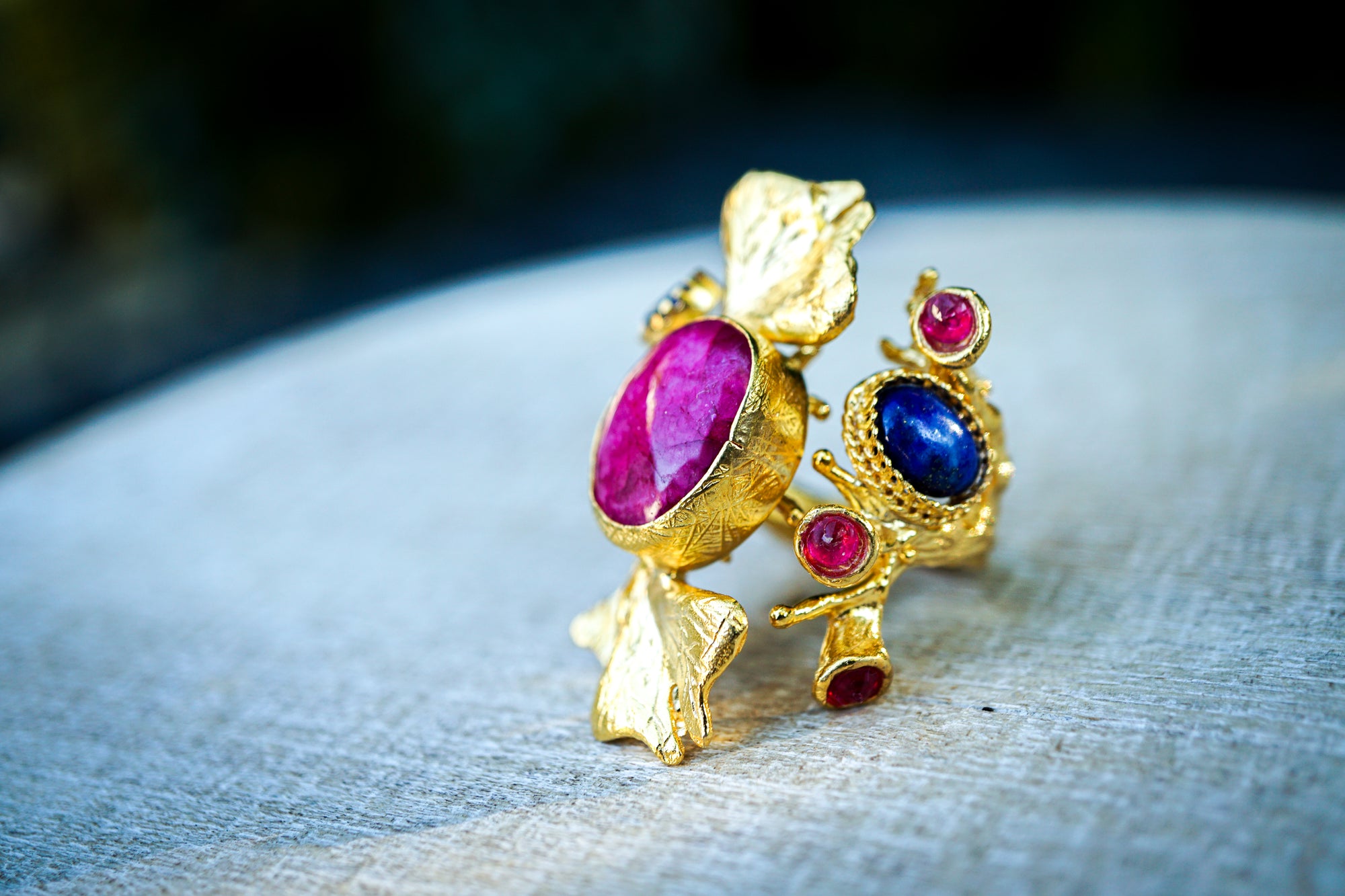Gold Plated Lapiz Stone Flower Wrap Ring
