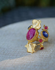 Gold Plated Lapiz Stone Flower Wrap Ring