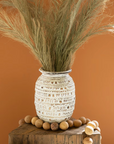 Hand-Carved Decorative Natural and White Wooden Urn