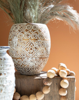 Hand-Carved Decorative Natural and White Wooden Oval Planter