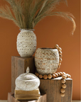 Hand-Carved Decorative Natural and White Wooden Urn