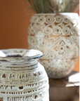 Hand-Carved Decorative Natural and White Wooden Urn