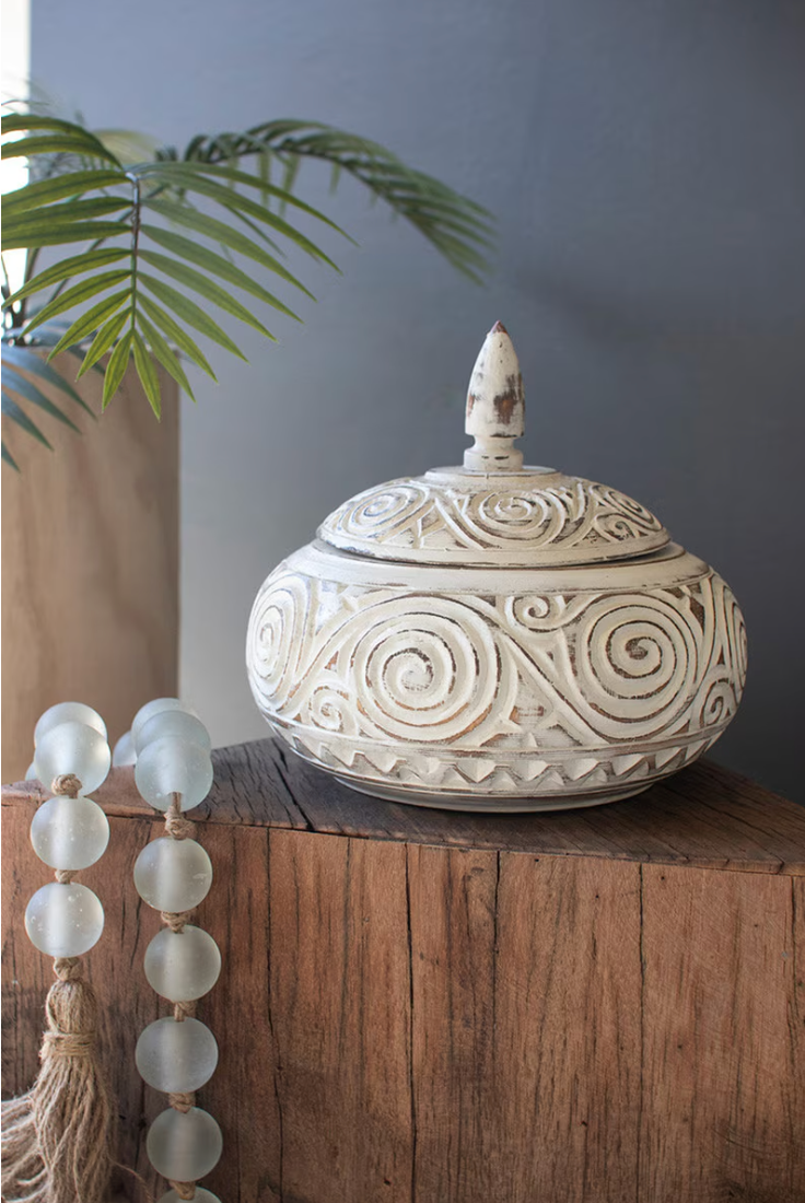 Hand-Carved Decorative Natural and White Wood Container with Lid