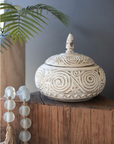 Hand-Carved Decorative Natural and White Wood Container with Lid
