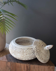 Hand-Carved Decorative Natural and White Wood Container with Lid