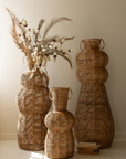 Set of 3 Woven Seagrass and Iron Floor Vases