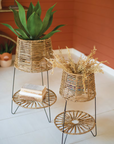 Set of 2 Seagrass and Iron Plant Stands with Bottom Shelf