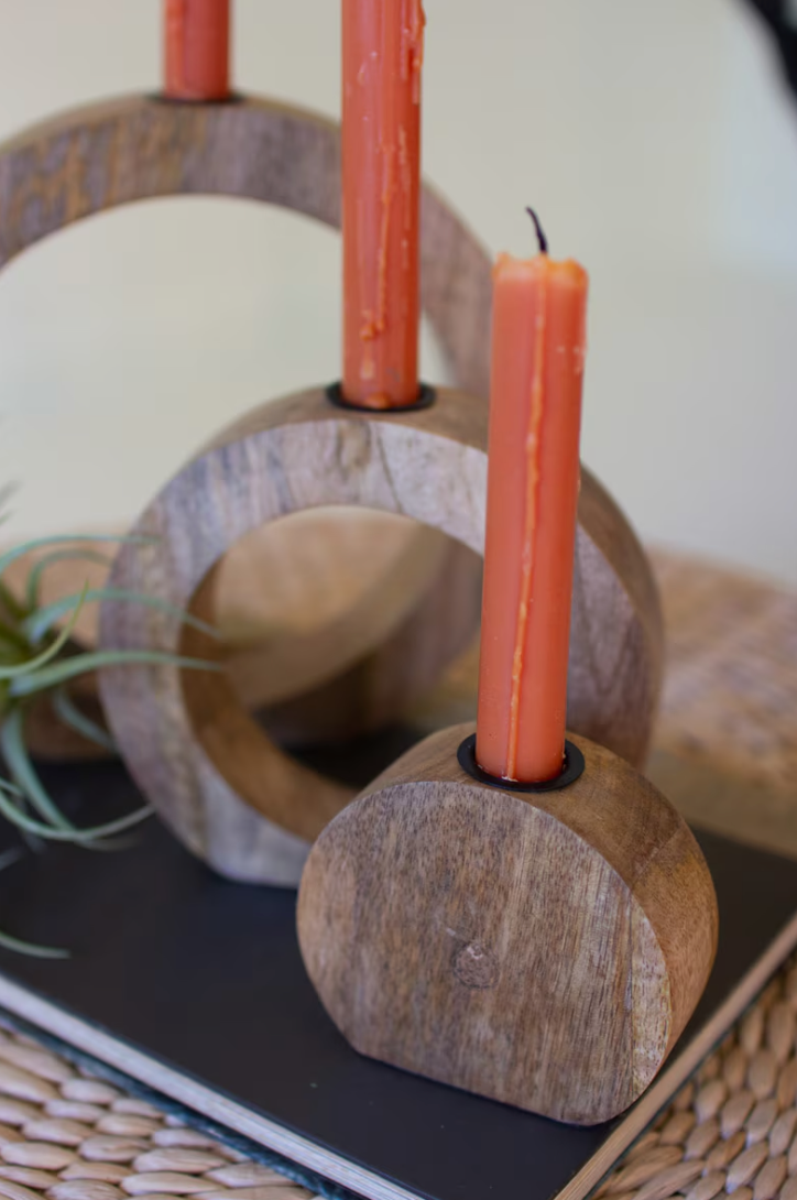 Set of 3 Circle Mango Wood Taper Candle Holders