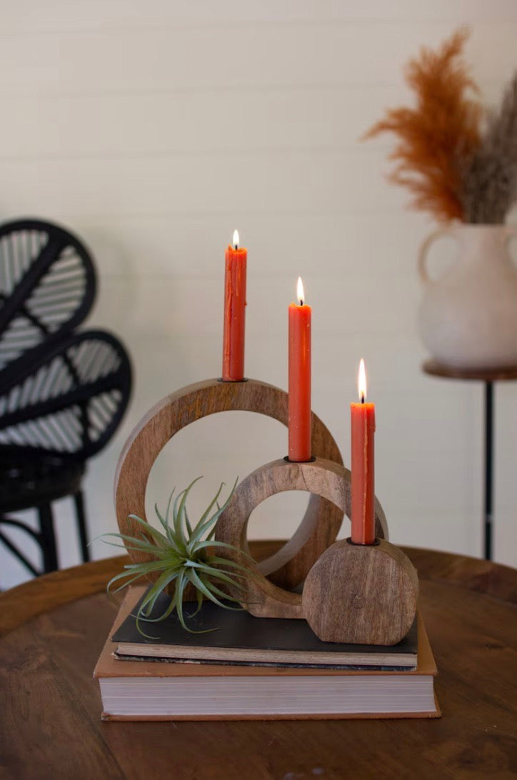 Set of 3 Circle Mango Wood Taper Candle Holders