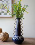 Tall Ceramic Blue Vase with Zig-Zag Handles