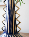 Tall Ceramic Blue Vase with Zig-Zag Handles