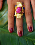 Gold Plated Lapiz Stone Flower Wrap Ring