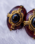 Burnt Red Tiger Eye and Onyx Oval Earrings