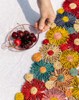 Fleur Raffia Flower Table Runner, Multicolor Flowers Woven Tabletop